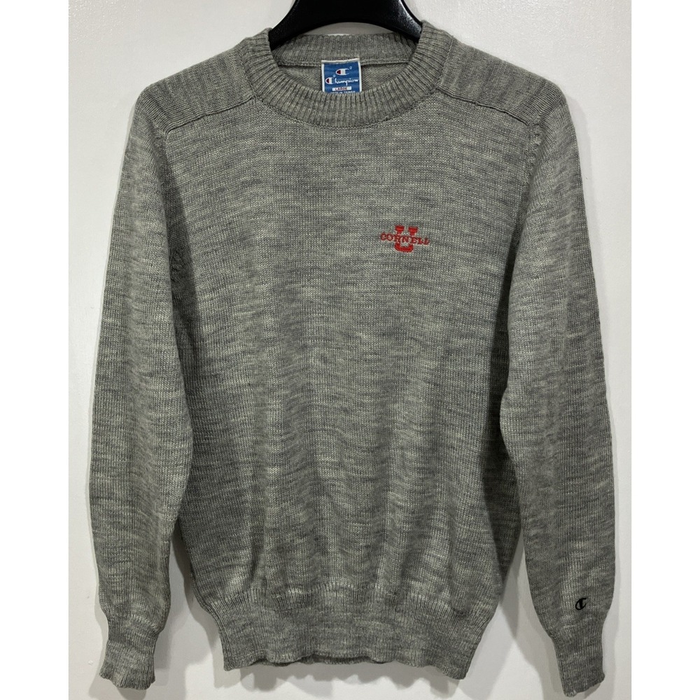 Vintage CHAMPION Gray Sweater Cornell‎ Embroidered Arcylic Nylon Blend LARGE